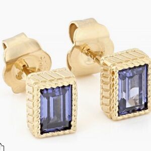 🤩NWT Judith Ripka Blue CZ 14k Gold Clad Princess Bezel Set Stud Earrings 1.92ctw